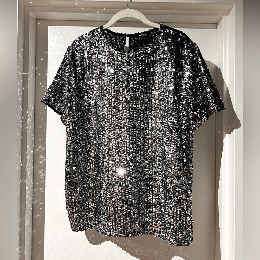 Express Silver Short Sleeved Sequin Top, Size L, Worn Once